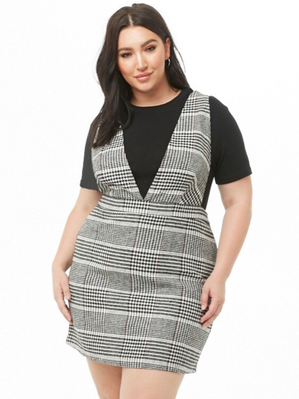 Forever 21 Black White Plaid Plunge V Neck Pinafore Mini Dress 2X NWT